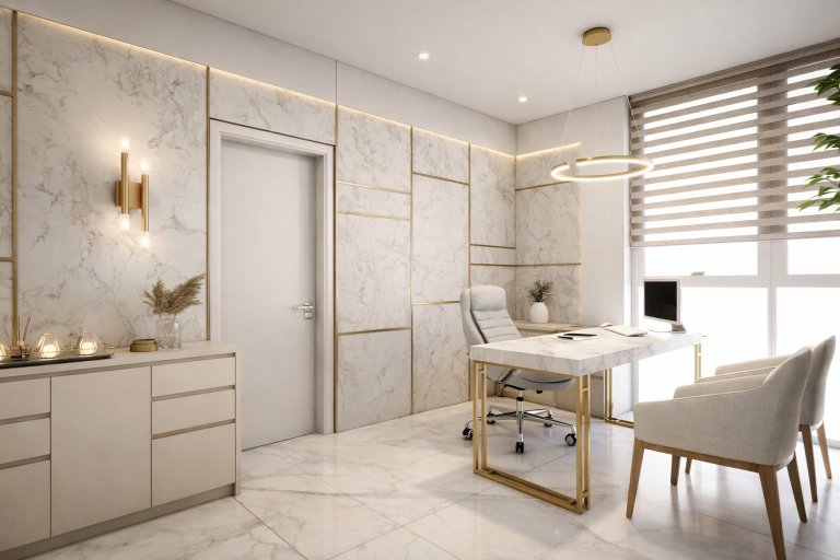 Consultório moderno com revestimento em mármore, detalhes em dourado, mesa com estrutura metálica, iluminação em LED e design sofisticado assinado pela arquiteta Tauana Boeira.