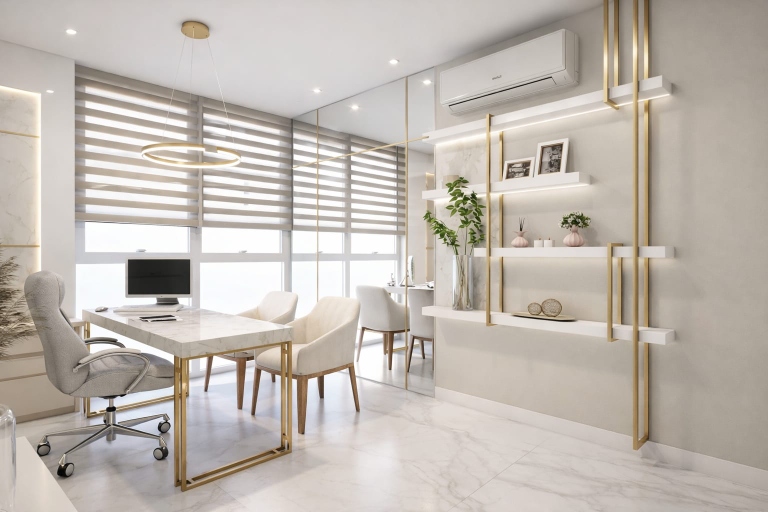Consultório sofisticado com mesa em mármore, estrutura dourada, estantes decorativas com detalhes metálicos, iluminação em LED e design contemporâneo assinado pela arquiteta Tauana Boeira.