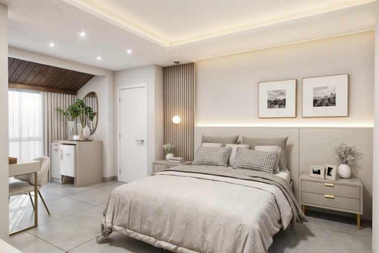 Quarto de casal com decoração em tons neutros, iluminação indireta em LED, cabeceira estofada, mesa de apoio e design contemporâneo assinado pela arquiteta Tauana Boeira.