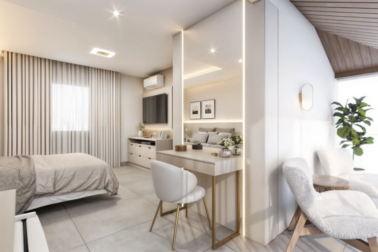 Suíte moderna com penteadeira iluminada, espelho com LED embutido, painel decorativo, TV integrada e design em tons neutros assinado pela arquiteta Tauana Boeira.