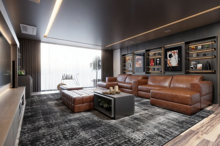 Sala de estar moderna com sofá em couro marrom, iluminação indireta em LED no teto, painel com nichos iluminados, tapete escuro e design contemporâneo assinado pela arquiteta Tauana Boeira.