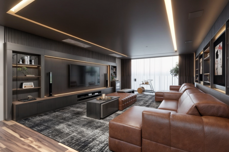 Sala de TV contemporânea com sofá em couro, painel ripado escuro, nichos iluminados, iluminação linear no teto e design de interiores sofisticado.