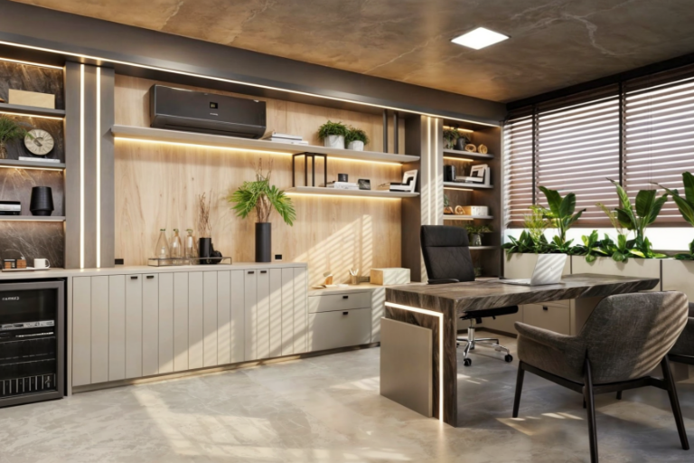 Escritório contemporâneo com mesa em madeira, marcenaria planejada com nichos iluminados, iluminação em LED embutida, persianas e design sofisticado para ambiente corporativo.