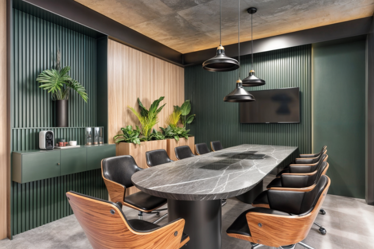 Sala de reunião contemporânea com mesa oval em mármore, cadeiras em madeira e couro, painel ripado verde, iluminação pendente e design corporativo sofisticado.