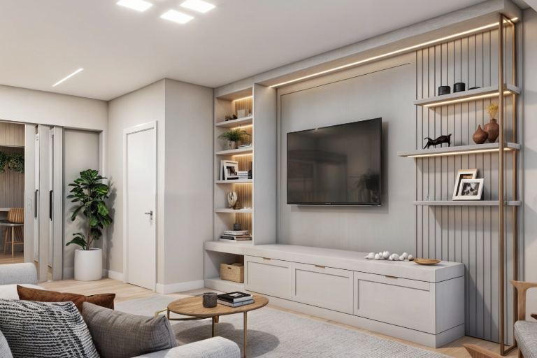 Sala de estar contemporânea com painel de TV, marcenaria planejada, nichos iluminados em LED, estantes decorativas e design de interiores em tons neutros.