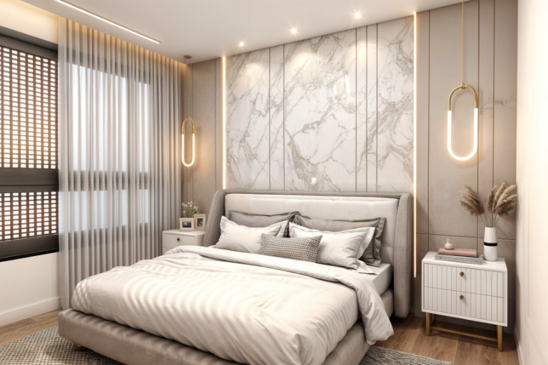 Suíte moderna com cabeceira estofada, painel em mármore, iluminação pendente dourada, criados-mudos planejados e design de interiores sofisticado em tons neutros.
