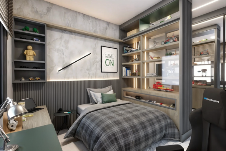Quarto juvenil moderno com marcenaria planejada, nichos iluminados em LED, estante decorativa, cama de solteiro e espaço de estudo integrado ao ambiente.