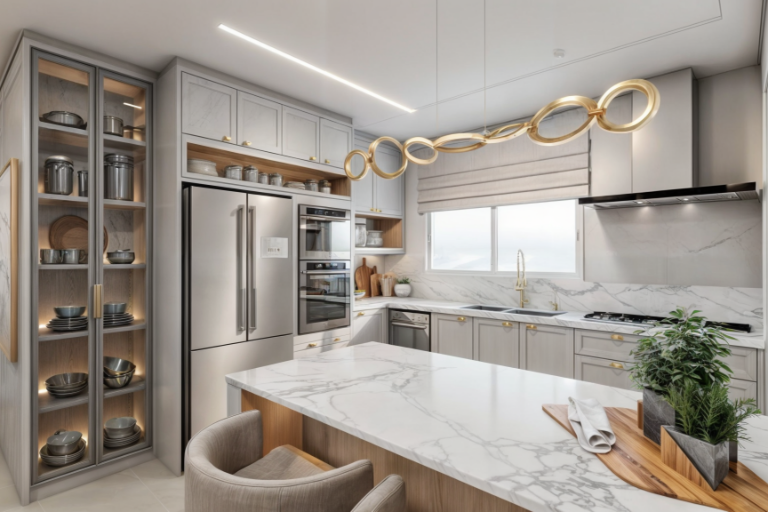 Cozinha planejada com ilha em mármore, armários sob medida, iluminação em LED, eletrodomésticos embutidos e design contemporâneo em tons claros com detalhes dourados.