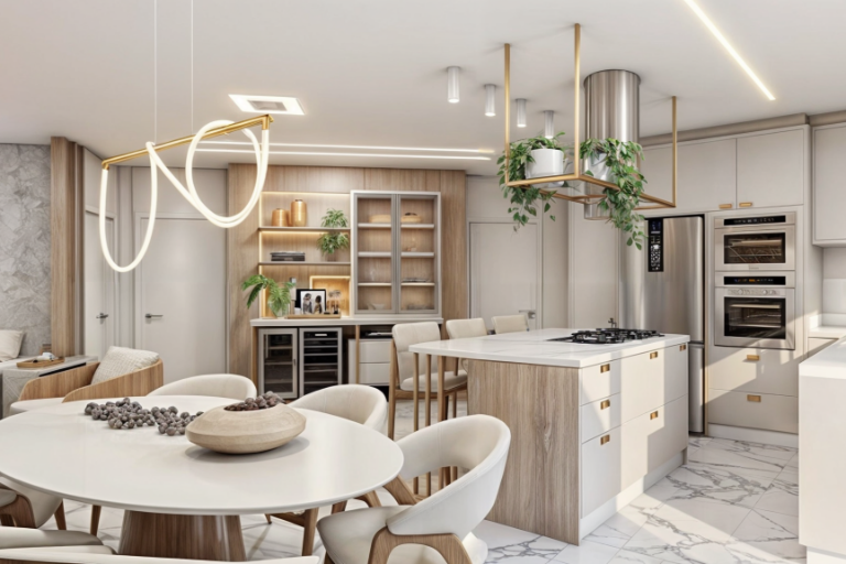 Cozinha integrada à sala de jantar com ilha central, marcenaria planejada em tons claros, iluminação moderna e design de interiores contemporâneo.