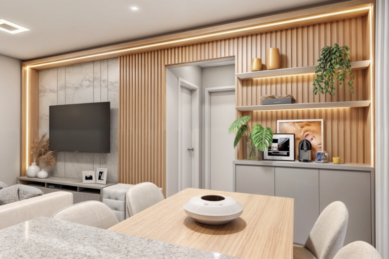 Living integrado com painel ripado em madeira, iluminação em LED embutida, TV instalada na parede, marcenaria planejada e design de interiores contemporâneo em tons neutros.