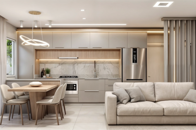 Cozinha integrada à sala de estar com marcenaria planejada, bancada em mármore, iluminação em LED e design contemporâneo em tons neutros.