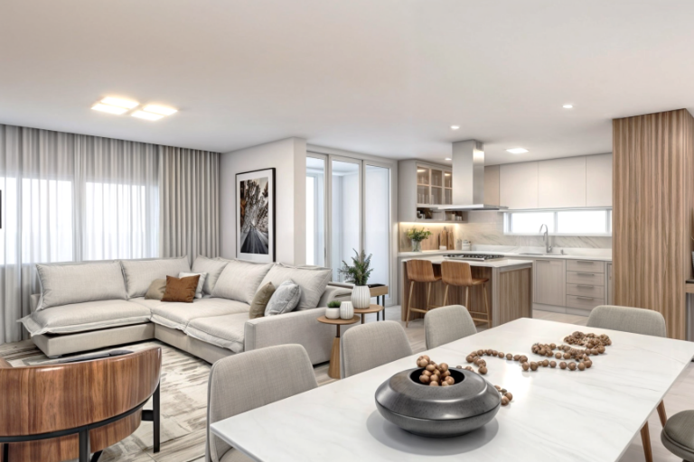 Sala de estar integrada à cozinha em conceito aberto, com sofá em tons neutros, bancada com banquetas, marcenaria planejada e design de interiores moderno e funcional.
