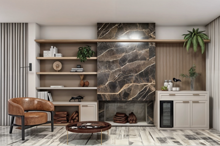 Sala de estar moderna com painel em pedra natural iluminado, estantes planejadas, poltrona em couro e design de interiores sofisticado em tons terrosos.