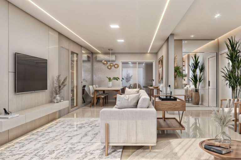 Living integrado com sala de jantar, sofá em tons claros, painel de TV planejado, iluminação linear no teto e design de interiores contemporâneo com marcenaria sob medida.