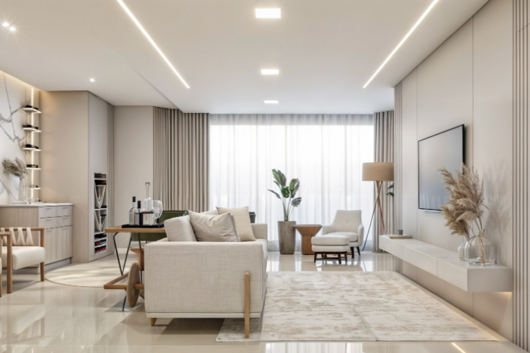 Sala de estar moderna e ampla com sofá em tons claros, painel de TV suspenso, iluminação linear no teto, cortinas do piso ao teto e design de interiores minimalista.