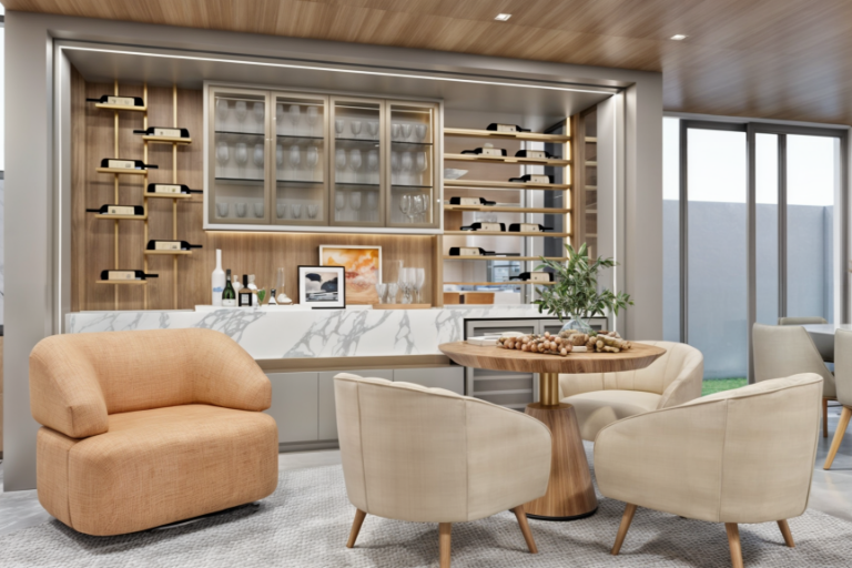 Espaço gourmet interno com adega planejada, prateleiras para vinhos, bancada em mármore, poltronas confortáveis e marcenaria em madeira com iluminação embutida.