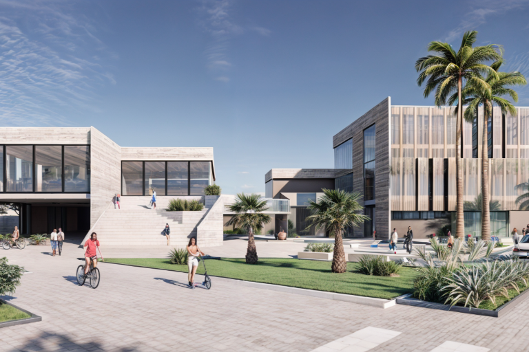 Projeto arquitetônico contemporâneo com edifícios modernos, fachada em vidro e concreto, escadaria externa, paisagismo com palmeiras e área de convivência ao ar livre.