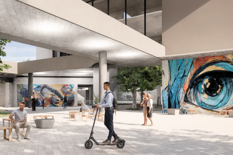 Espaço arquitetônico contemporâneo com praça interna, murais de arte urbana, circulação de pedestres, áreas de convivência e estrutura em concreto aparente.