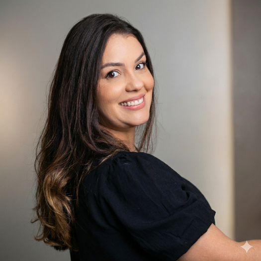 Retrato da arquiteta Tauana Boeira sorrindo, com cabelo longo castanho e blusa preta, em foto profissional para site de arquitetura.
