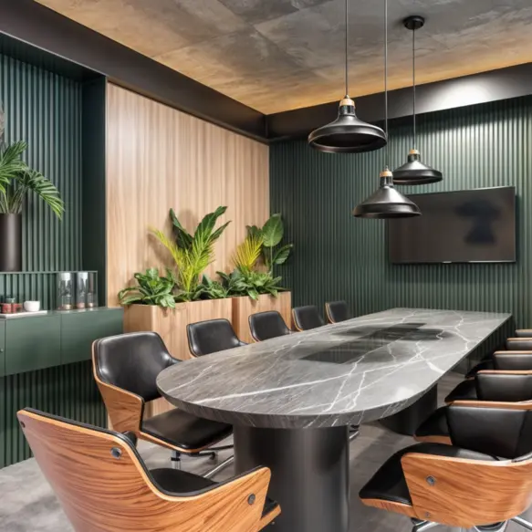 Sala de reuniões com projeto de interiores moderno, mesa oval em mármore, cadeiras em madeira e couro, painéis ripados verdes, iluminação pendente e integração de plantas no ambiente.